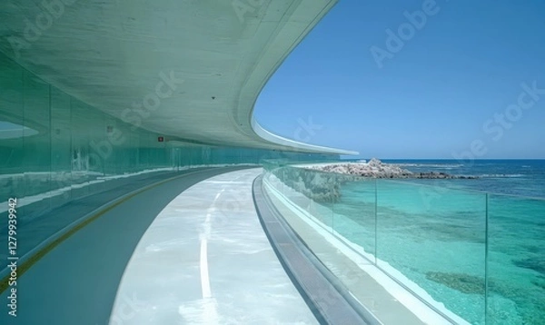 Obraz Curved Coastal Walkway with Ocean View under Bright Sunlight