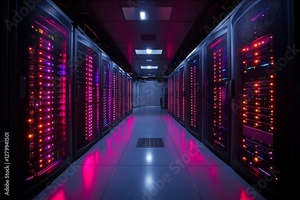 Fototapeta Server room illuminated with glowing colored lights