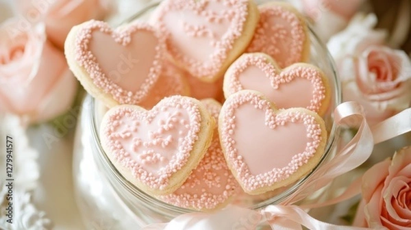 Fototapeta Heart-Shaped Cookies with Pink Icing and Rose Decorations