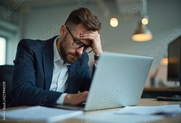 Fototapeta businessman working on laptop but is stressed