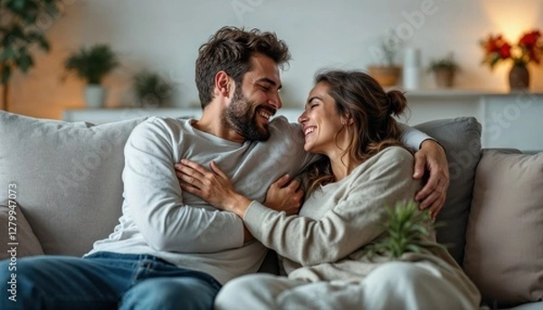 Obraz happy couple sitting on sofa