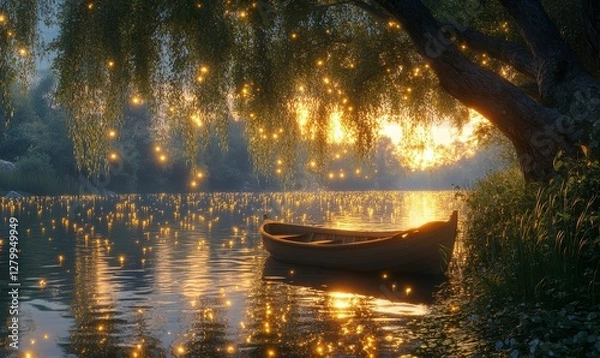 Fototapeta tranquil riverbank where a small boat is moored under weeping willow trees, and fireflies glow in the dusk, Generative AI