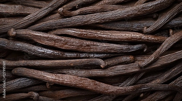 Fototapeta An overhead close up shot of vanilla beans on display