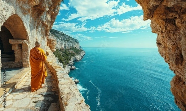 Fototapeta dramatic cliffside monastery where monks meditate under the open sky, overlooking a vast ocean, Generative AI