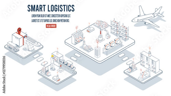 Obraz Smart logistics combines warehouse management with wireless technology and automated robots AGVs and AMRs for efficient material handling.