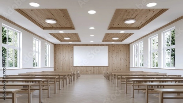 Fototapeta Empty modern classroom with wooden paneling and blank screen.  Possible use in education, design, or architecture
