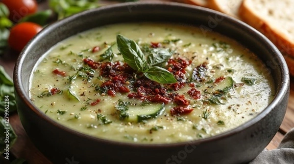 Fototapeta Creamy vegetable soup in bowl, with bread and vegetables in background.  Possible use Stock photo