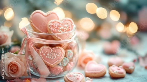 Fototapeta Heart-Shaped Cookies in Jar Surrounded by Flowers and Lights