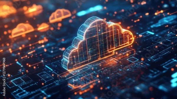 Fototapeta Data Science Analytics Futuristic digital illustration of cloud computing with glowing data elements.