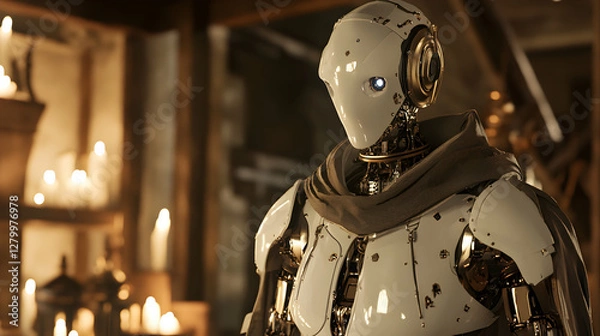 Fototapeta cybernetic angel with mechanical wings, standing before a grand, classical cityscape 