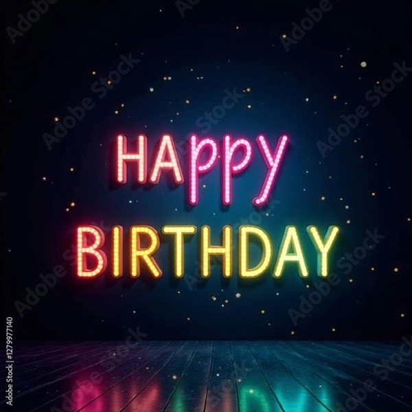 Fototapeta Neon signboard glowing with "happy birthday" message against dark background, event, celebration, party