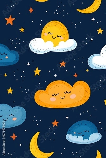 Fototapeta Cute clouds, moon, and stars pattern, night sky
