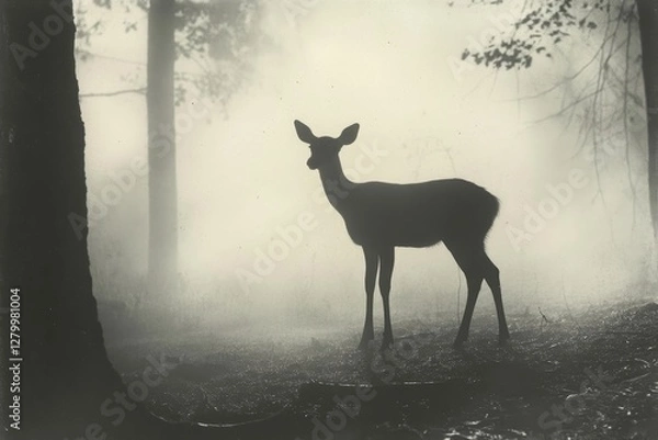 Fototapeta tranquil scene of a deer standing in a misty forest, Generative AI