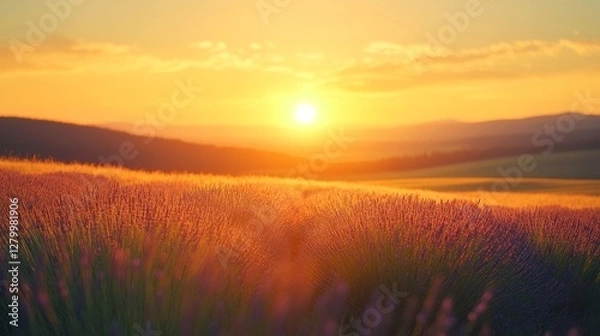 Fototapeta serene landscape of lavender fields under a golden sunset, Generative AI
