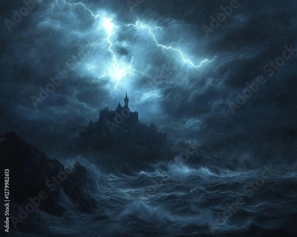 Fototapeta dark and stormy night scene with lightning illuminating a mysterious castle, Generative AI