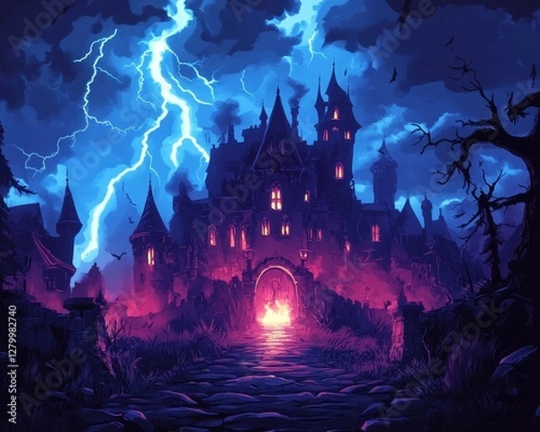 Fototapeta dark and stormy night scene with lightning illuminating a mysterious castle, Generative AI