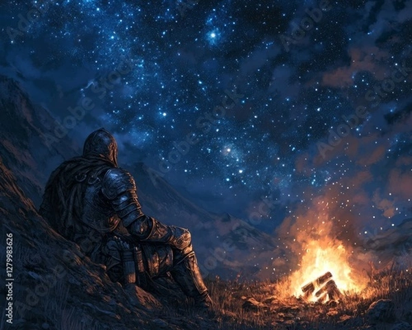 Fototapeta battle-scarred warrior resting by a campfire under a starry sky, Generative AI