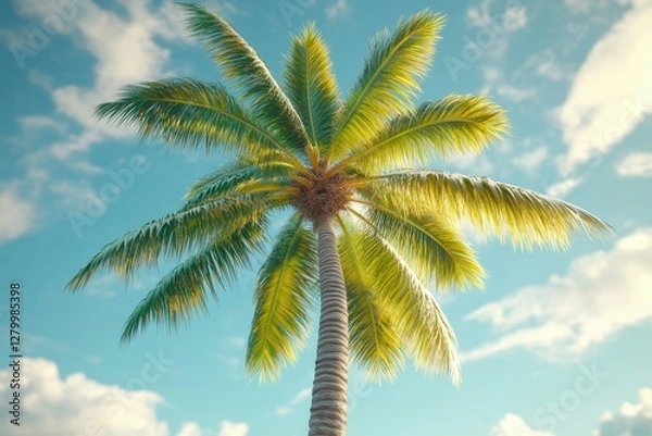 Fototapeta Tall palm tree against a bright blue sky with fluffy clouds. Ideal for travel, vacation, or tropical themes, evokes feelings of relaxation and paradise.