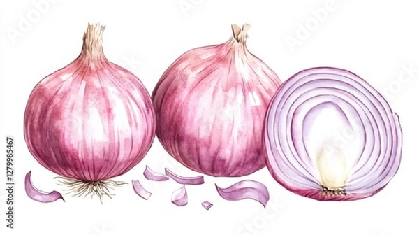 Fototapeta A vibrant illustration showcasing fresh red onions, whole and sliced, with scattered onion layers, perfect for culinary and healthy food themes.