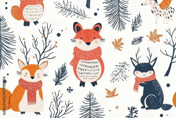 Obraz A whimsical pattern featuring cute woodland creatures like foxes and deer, adorned with scarves amidst a backdrop of pine trees and foliage.