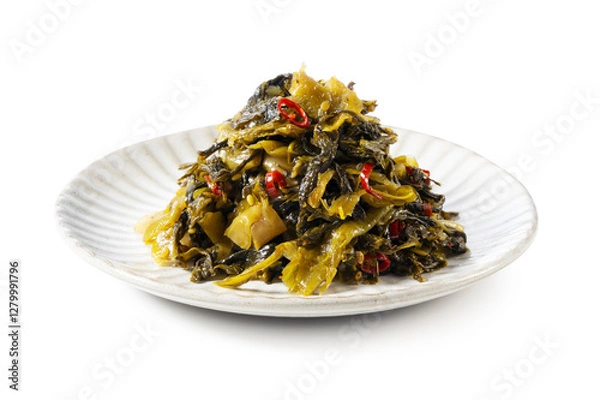 Fototapeta Karashi Takana on a White Background – Karashi Takana: A Japanese-Style Pickle Made from Mustard Greens