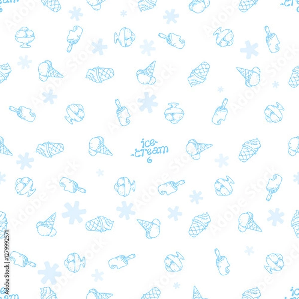 Fototapeta Seamless pattern with blue ice-cream signs and snowflakes