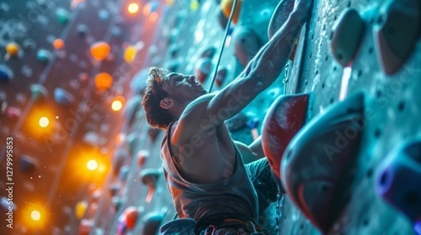 Fototapeta A climber skillfully ascends an indoor rock wall, showcasing agility and focus. Bright lights create a dynamic ambiance, highlighting the challenging workout environment.