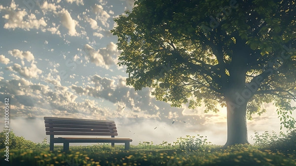 Fototapeta Serene park bench beneath a sprawling tree on a cloudy day backdrop