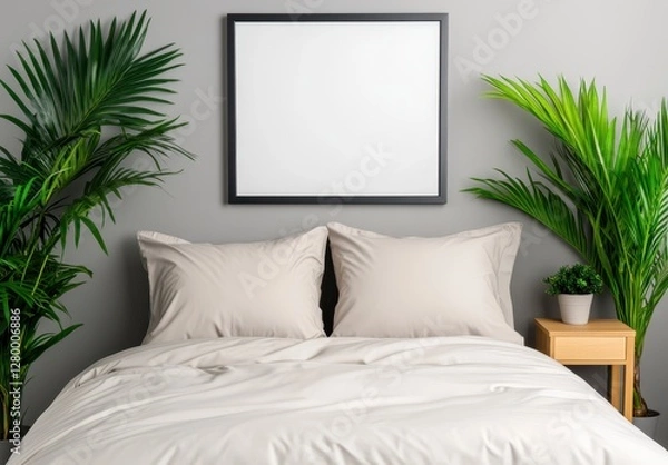 Fototapeta Modern Bedroom with Empty Frame Above Bed with Pillows and Plants On Both Sides