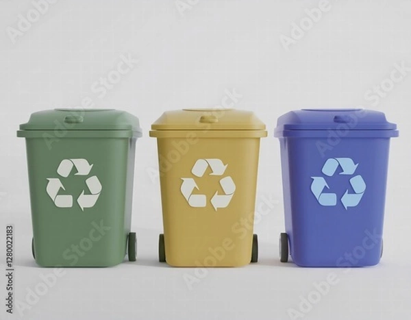 Obraz 3D Icon Three recycling bins green yellow and blue stand side by side each displaying the universal recycling symbol