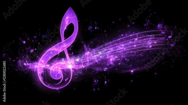Fototapeta Magical Purple Treble Clef with Musical Notes in Cosmic Background