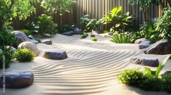 Fototapeta Serene Zen Garden: A Tranquil Oasis of Sand, Stone, and Greenery