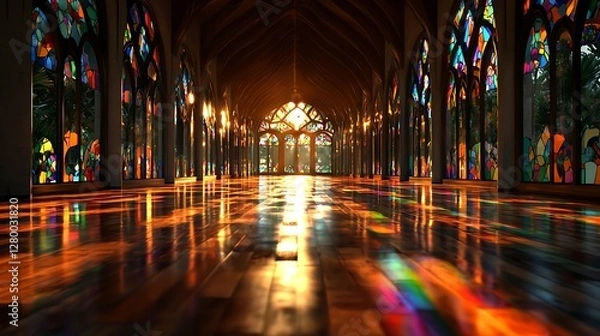 Fototapeta Stunning light patterns dance on polished floor historic chapel photography serene low angle artistry