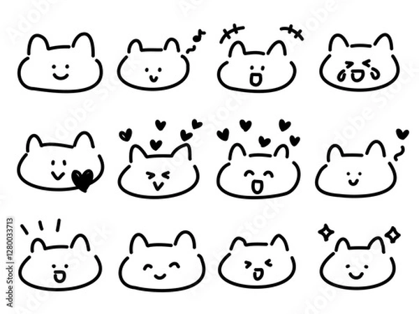 Obraz 喜び笑うかわいい猫の手描き顔文字セット