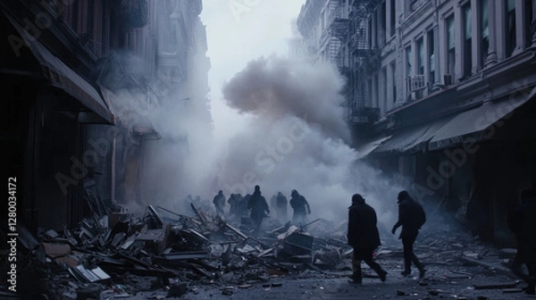 Fototapeta A chaotic urban street filled with smoke and debris, symbolizing civil unrest and societal upheaval. Silhouetted figures in motion capture tension and disorder in a modern metropolis.