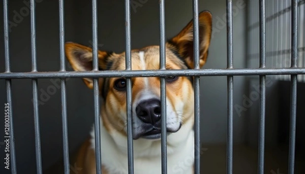 Obraz A close-up of a sad dog behind the bars of a cage