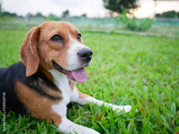 Fototapeta Happy Beagle Dog Resting on Green Grass Outdoors in a Park Setting