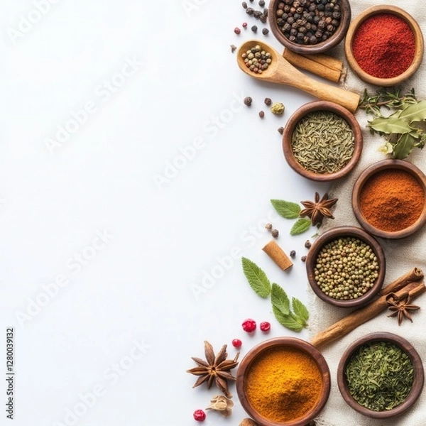 Obraz Assorted culinary spices and herbs in wooden bowls on white background