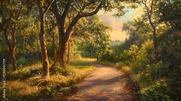 Obraz Enchanting forest path illuminated by golden sunlight through lush trees