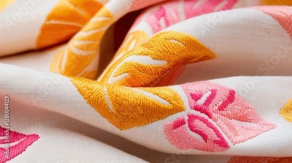 Obraz Vibrant floral embroidery textile art home decor soft fabrics close-up view craftsmanship