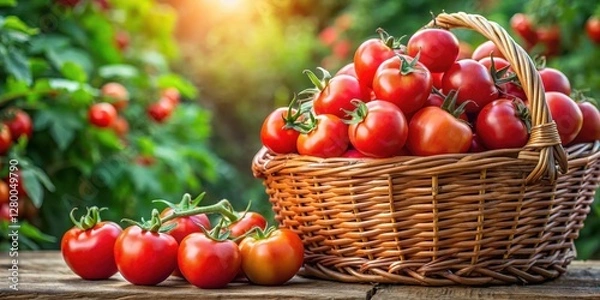 Fototapeta Vibrant red tomatoes overflowing from a large wicker basket, fresh produce, gardening