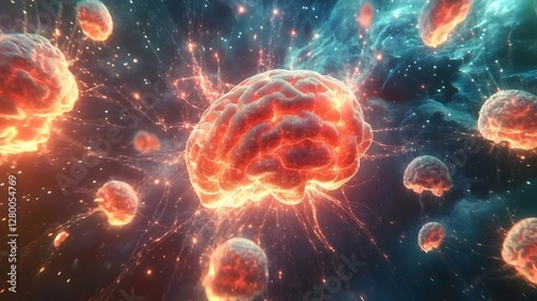 Obraz A cluster of radiant cyber brains orbiting a central quantum core, glowing neural pathways pulsating with energy, dynamic holographic light patterns and cosmic particles creating a surreal backdrop,
