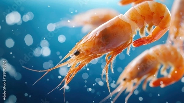 Fototapeta A vibrant close-up of shrimp swimming in clear water, showcasing their intricate details and lively colors.