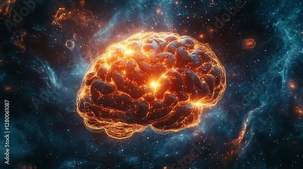 Fototapeta A futuristic brain glowing with radiant neural circuits, encircled by swirling quantum energy rings, surrounded by a cosmic void illuminated with particle effects,
