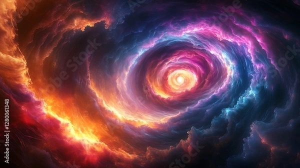 Obraz A futuristic cyber brain dissolving into a bright quantum core, pulsating with multicolored energy waves, surrounded by swirling quantum fields, soft luminous fog creating depth,
