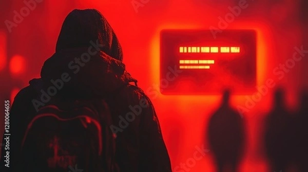 Fototapeta Mysterious Figure in Red Light  Cyberpunk Cityscape