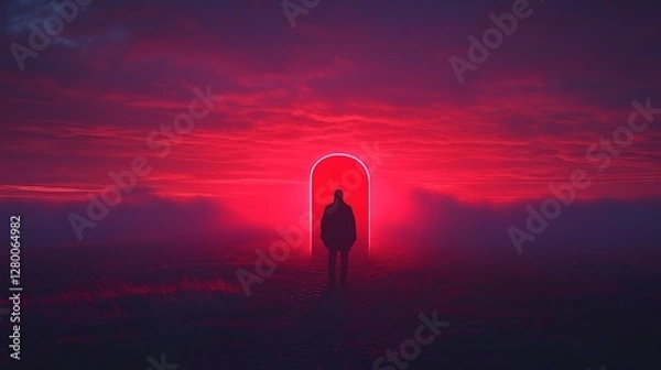 Fototapeta Surreal Red Sunset  Silhouette  Gateway  Digital Art