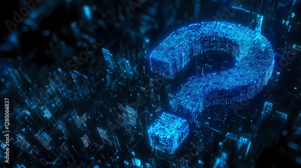 Fototapeta Glowing Blue Question Mark Over Dark Cityscape