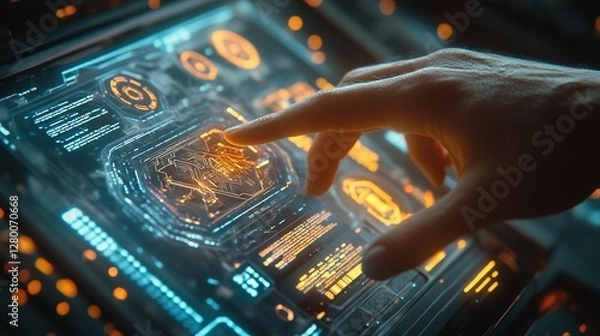 Fototapeta Futuristic Interface  Hand Interacting with Holographic Display