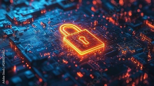 Fototapeta Cyber Security  Digital Lock on Circuit Board